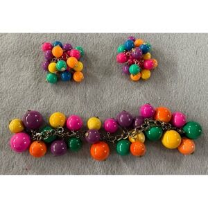 ChaCha Bracelet Clip On Earrings Set Colorful Bubble Bead Mod Statement VTG